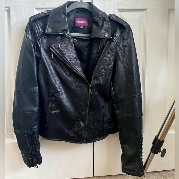 VIGOSS Embroidered, Faux Leather Jacket Medium Black - Picture 6 of 7